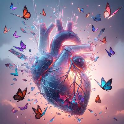 The primary subject of the image is a heart, which is the main object, scene, or focus of the image. The heart is depicted in a digital art style, with a purple and blue color scheme. The setting or background of the image features a cloudy sky, and the visual style is a combination of digital art and illustration. The overall atmosphere of the image is one of love and affection, as the heart is surrounded by butterflies, which are often associated with positive emotions and feelings.